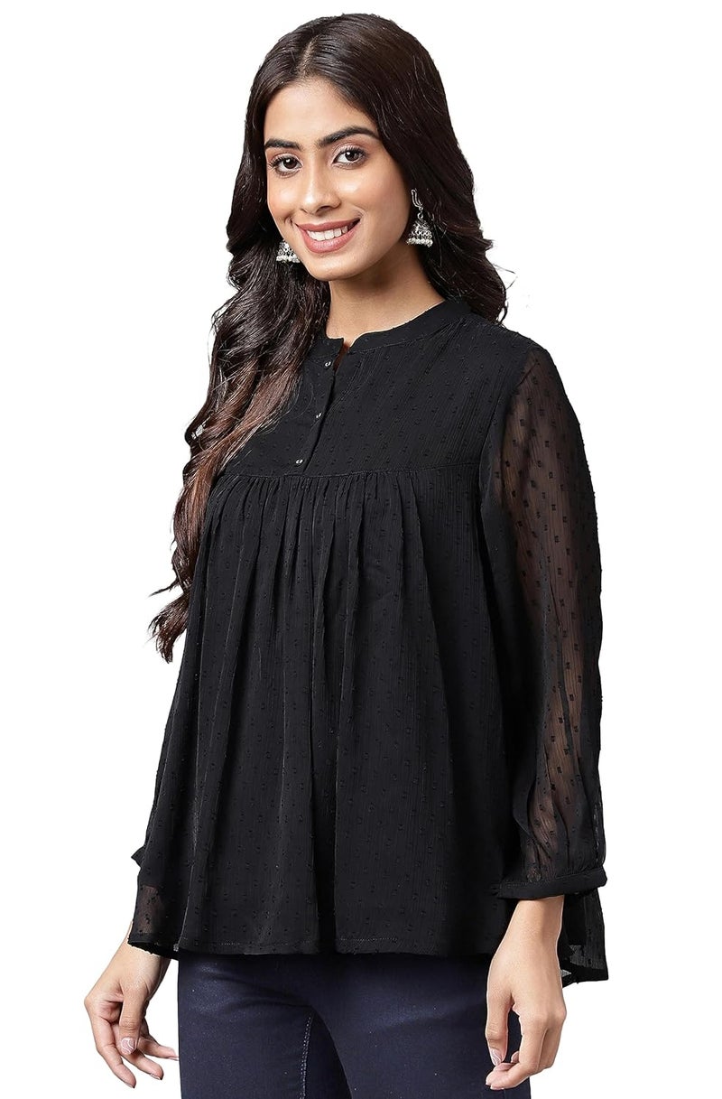 Janasya Women's Black Dobby Chiffon Solid Empire Top - Image 4